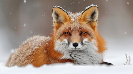 Obraz premium A majestic red fox lies in the snow, its eyes glowing amber in the winter sun.
