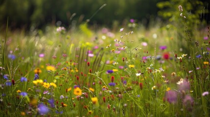 During Latvia s enchanting midsummer solstice a captivating wild meadow bursts with vibrant colorful flowers creating a dreamy scene in the countryside Native plants thrive in this natural 