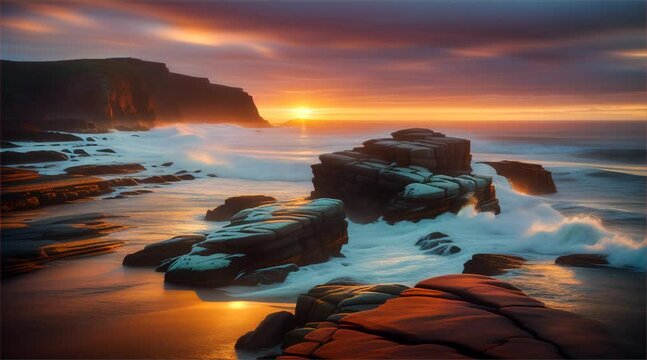 Waves hitting rocks on the shore Splashes and colors of water sunset