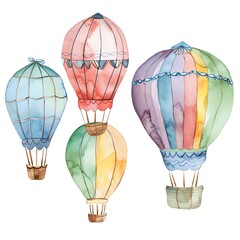 Create a watercolor illustration of four hot air balloons. The color should be soft and pastel. The balloons should be placed in a whimsical arrangement.