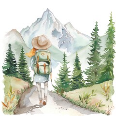 Naklejka premium A young woman in a hat and backpack hikes through a beautiful mountain landscape