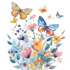 A beautiful watercolor painting of a variety of flowers and butterflies