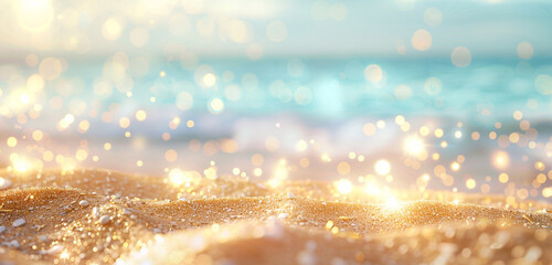 Delicate bokeh lights dance under a pastel sky on golden beach sands.