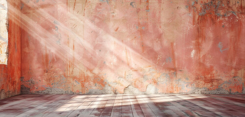 Old-world charm in a peach grunge room lit by vintage sun rays.