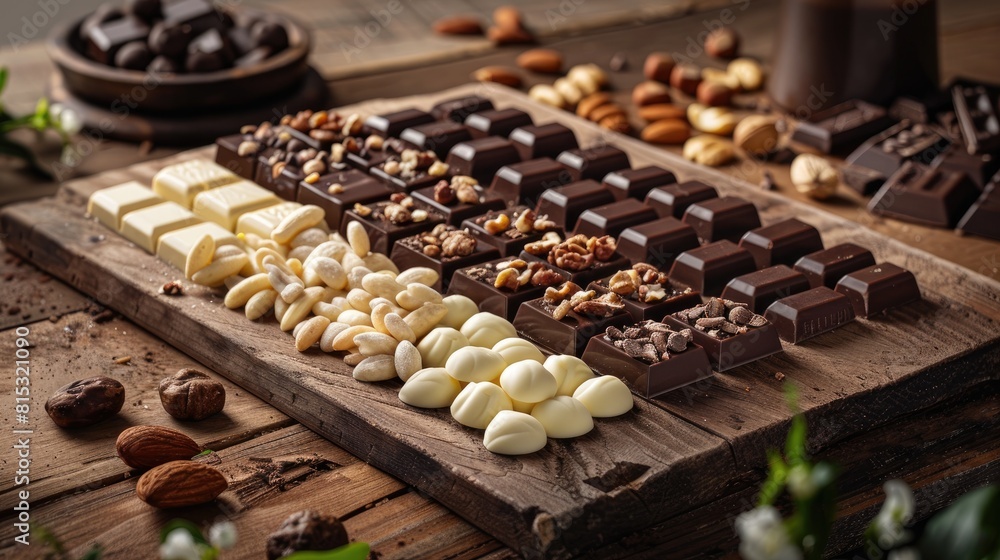 Aufkleber a tempting array of white dark and milk chocolate adorned with nuts beautifully presented on a rusti