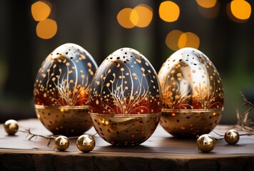 Festive Golden Easter Eggs Displayed on Wooden Table with Ornaments and Bokeh Lights