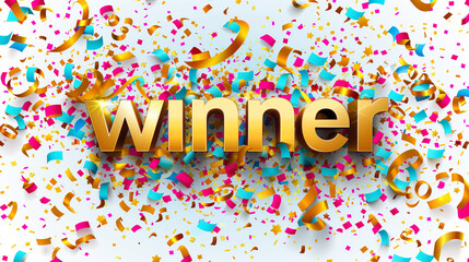 Golden winner word on white background with colorful confetti. Winning vector illustration template. Congratulations with absolutely victory