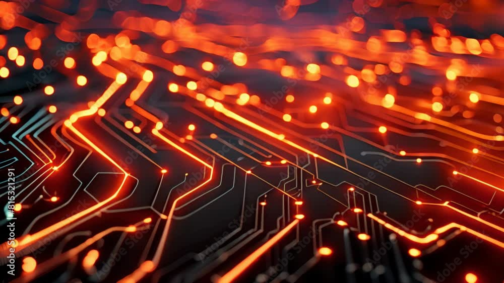 Poster circuit board lines with glowing connections and nodes on a dark background