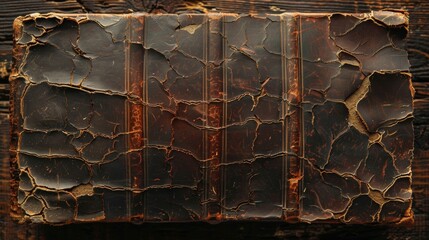 A close-up view of a worn leather-bound book cover, showcasing the cracks and imperfections that tell a story of age.