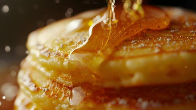 Close-up shoot of a mouthwatering stack of pancakes, showcasing the fluffy texture, the golden brown surface and the drizzle of maple syrup