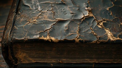 A close-up view of a worn leather-bound book cover, showcasing the cracks and imperfections that tell a story of age.