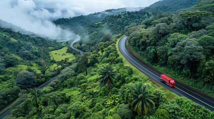Aerial view of a red truck traveling along a curvy road through a dense, lush green forest.
