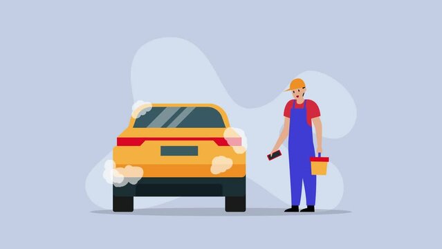 Car washing service. Man in uniform washes red car with soap and water cartoon animation