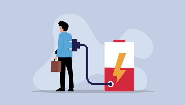 Businessman with low level energy - Low battery man with electrical plug cartoon animation
