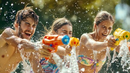 Joyful teenagers engage in a water gun fight on a sunny day, laughing and splashing in a vibrant outdoor summer setting