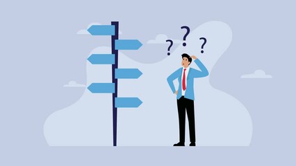 Businessman looking at multiple road sign with question marks and thinking which way to go. Decision making, career path, work direction cartoon animation