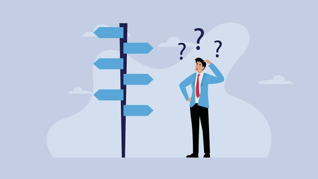 Businessman looking at multiple road sign with question marks and thinking which way to go. Decision making, career path, work direction cartoon animation