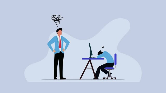 Exhausted office worker sleeping behind his desk while angry boss is standing next to him cartoon animation