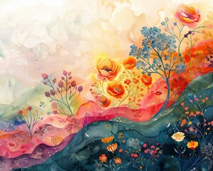 An abstract watercolor scene with flowing colors and floral elements, suggesting a dreamlike nature landscape as the background