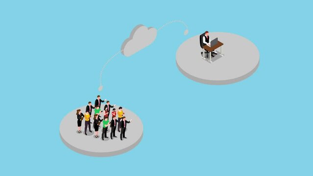 Business people working on cloud computing network isometric 3d animation cartoon