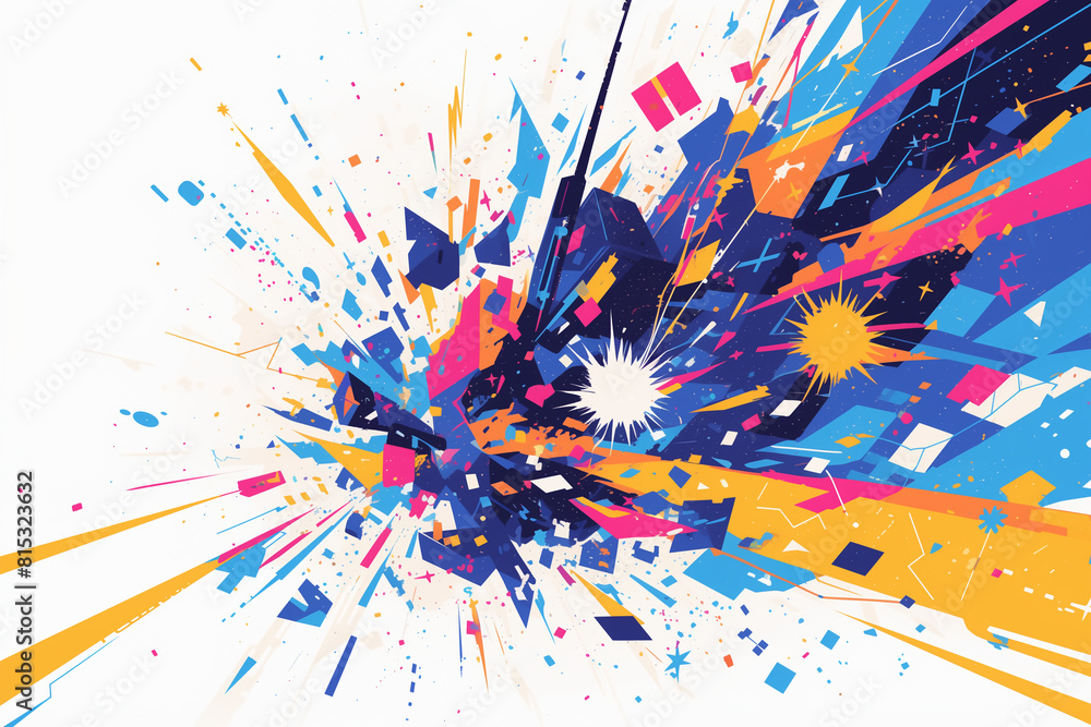 Fototapete abstract artwork with bold geometric shapes and bright colors, creates an energetic visual experienc