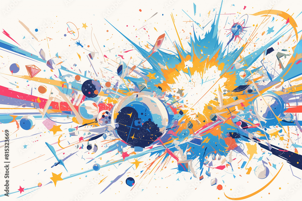 Fototapete abstract artwork with bold geometric shapes and bright colors, creates an energetic visual experienc