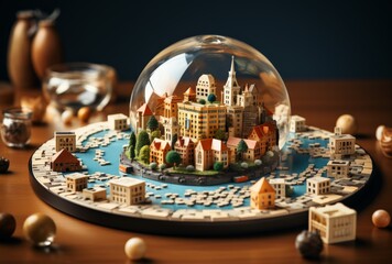 Miniature City Encased in Crystal Ball on Black Base Plate