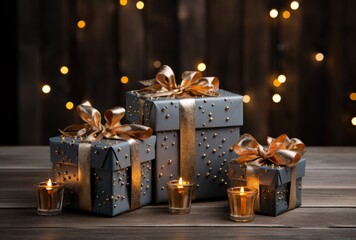 Elegant Gift Boxes and Candles on Wooden Table for Festive Occasion