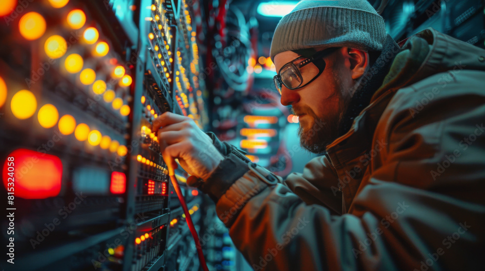 Aufkleber focused network technician working on configuring servers in a modern data center.