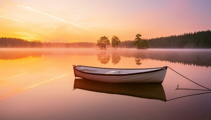 boat on the river. Early morning at a tranquil lake, with a soft pink and orange sunrise reflecting on the calm