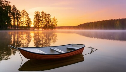 Obraz premium boat on the river. Early morning at a tranquil lake, with a soft pink and orange sunrise reflecting on the calm