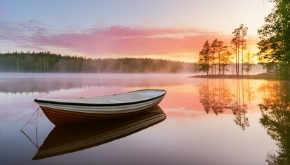 boat on the river. Early morning at a tranquil lake, with a soft pink and orange sunrise reflecting on the calm