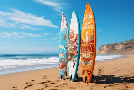 Vibrant Surfboards Ready for Surfing on Sunny Beach