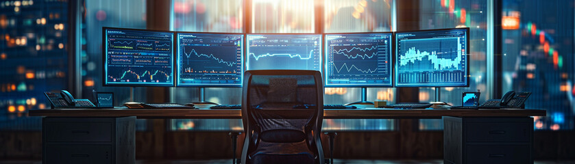 Stock traders desk side view with multiple monitors displaying graphs  day trader setup  digital tone  colored pastel