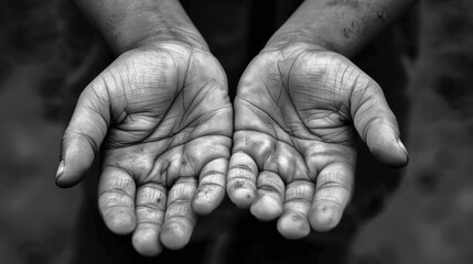 Two beggar hands palms up symbolize the concept of impoverished children in stark black and white They evoke ideas of donation charity giving poverty prayer Islamic faith hunger refugee cri