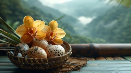 Bamboo basket filled with eggs, golden bamboo orchid placed on wooden tabletop, background is chicken farm, distant mountains, aristocratic cuisine, protein, nature, ecological green nutritional balan