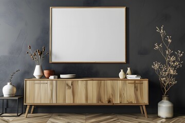 Blank mock up poster frame on black wall. Wooden cabinet and shelf. Scandinavian home interior design of modern dining room.