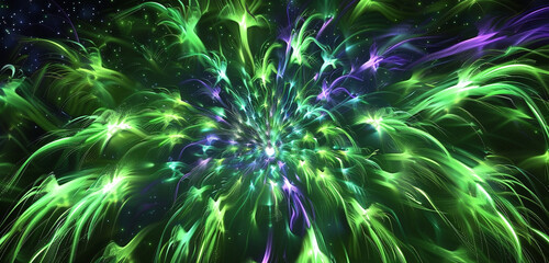 Intense blue and gold abstract lightning dynamically explodes over a flag motif.