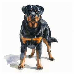 Fototapeta premium Watercolor painting of a proud Rottweiler standing guard with a strong and powerful presence, on isolated white background, Generative AI