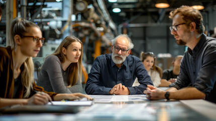 Diverse group of professionals engaged in a strategic meeting inside an industrial manufacturing plant.