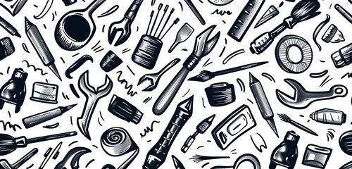Black and white doodle of seamless artistic tools, hand-drawn pattern.