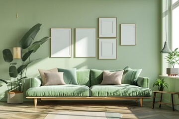 Cozy green sofa and wooden furniture against light green wall with poster frames. Scandinavian home interior design of modern living room.