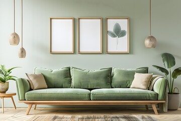 Cozy green sofa and wooden furniture against light green wall with poster frames. Scandinavian home interior design of modern living room.