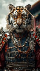 Fototapeta na wymiar Tiger With Chinese Armor Costume