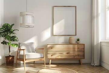 Interior of modern living room with sideboard over white wall. Contemporary room with dresser. Home design with poster.