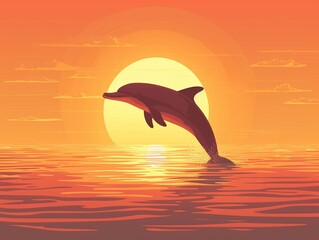 Happy dolphin silhouette against sunset flat design side view freedom theme cartoon drawing Analogous Color Scheme