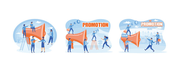 Big megaphone with a small people, teamwork. Social media marketing online business concept. Promoters speak with big megaphones and attract buyers investors and entrepreneurs. 