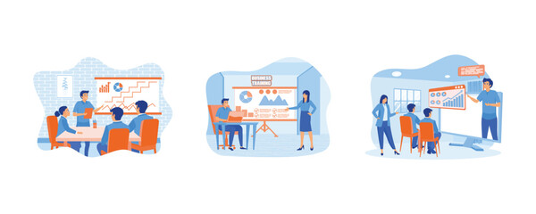 People at business training look at presentation with graphics. Business training or courses concept. Business training landing page. Set flat vector modern illustration
