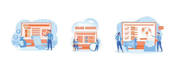 Cost optimization online service or platform. Trade union online service or platform. Positive public relations online service or platform. Set flat vector modern illustration