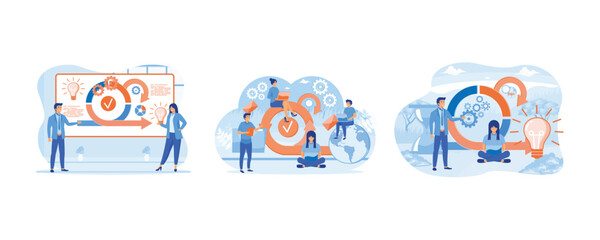 Scrum agile framework plan as software development method. Scrum process diagram as agile software development scheme. Scrum framework concept. Set flat vector modern illustration